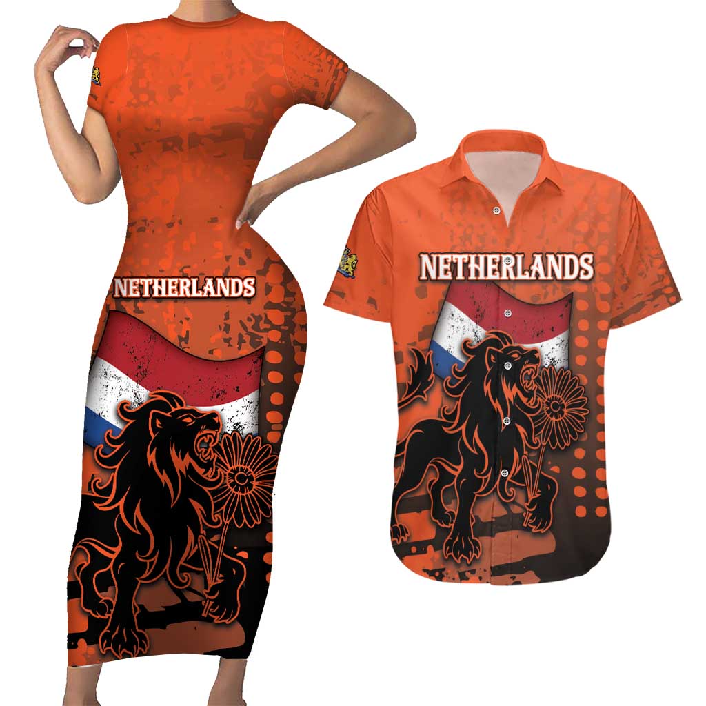 Personalized Netherlands Couples Matching Short Sleeve Bodycon Dress and Hawaiian Shirt Lion With Daisy Flower - Wonder Print Shop