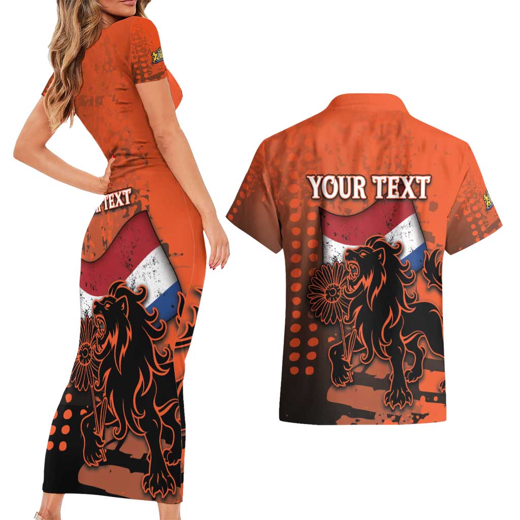 Personalized Netherlands Couples Matching Short Sleeve Bodycon Dress and Hawaiian Shirt Lion With Daisy Flower - Wonder Print Shop