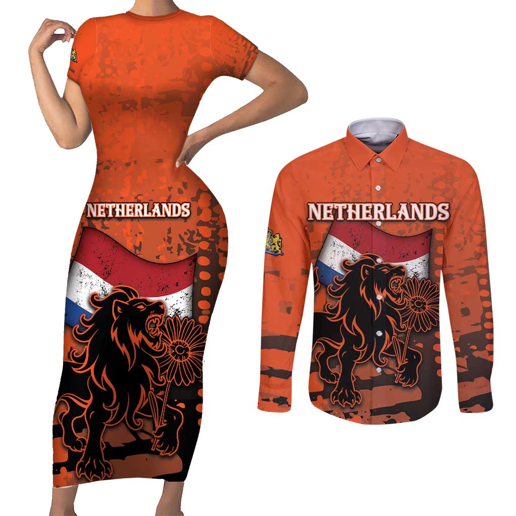 Personalized Netherlands Couples Matching Short Sleeve Bodycon Dress and Long Sleeve Button Shirt Lion With Daisy Flower - Wonder Print Shop