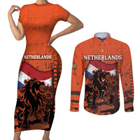 Personalized Netherlands Couples Matching Short Sleeve Bodycon Dress and Long Sleeve Button Shirt Lion With Daisy Flower - Wonder Print Shop
