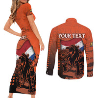 Personalized Netherlands Couples Matching Short Sleeve Bodycon Dress and Long Sleeve Button Shirt Lion With Daisy Flower - Wonder Print Shop