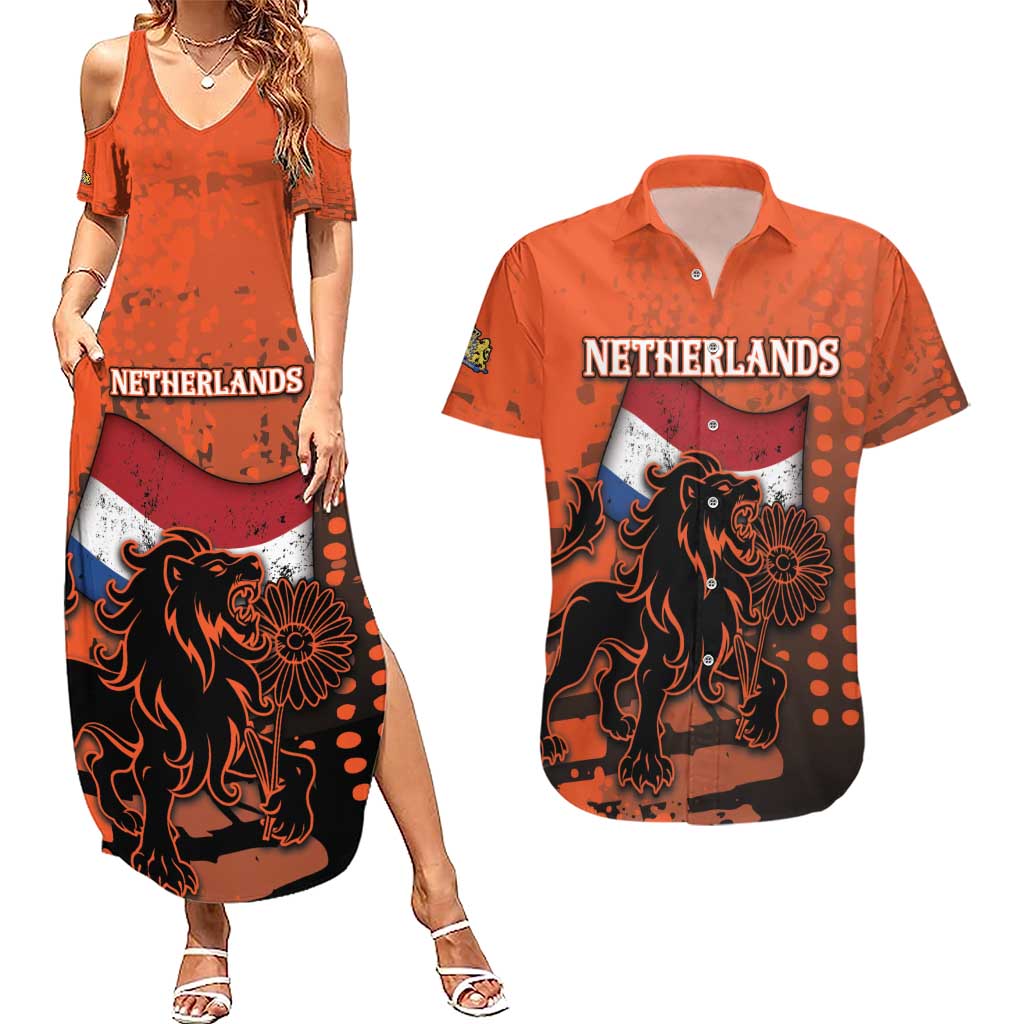 Personalized Netherlands Couples Matching Summer Maxi Dress and Hawaiian Shirt Lion With Daisy Flower - Wonder Print Shop