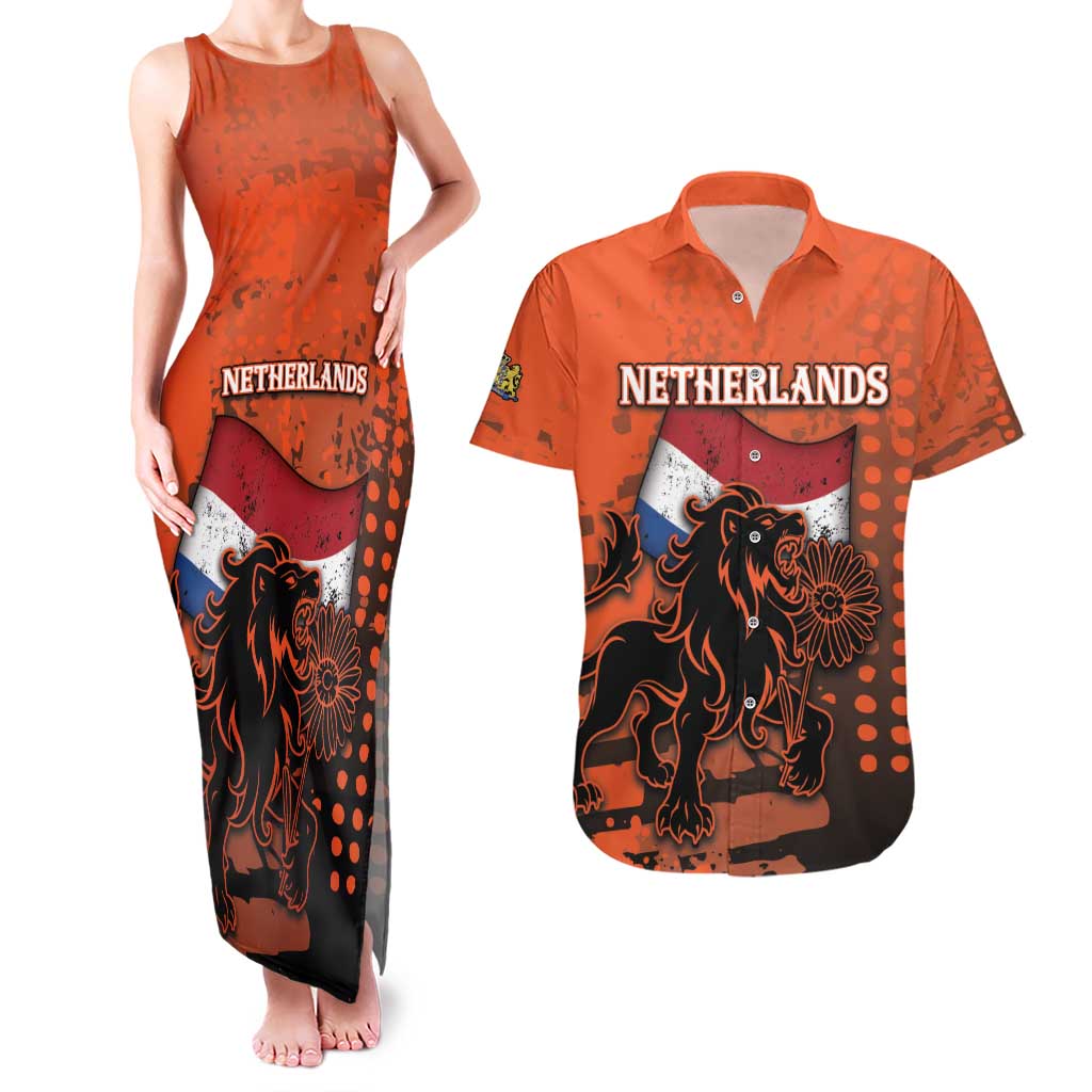 Personalized Netherlands Couples Matching Tank Maxi Dress and Hawaiian Shirt Lion With Daisy Flower - Wonder Print Shop