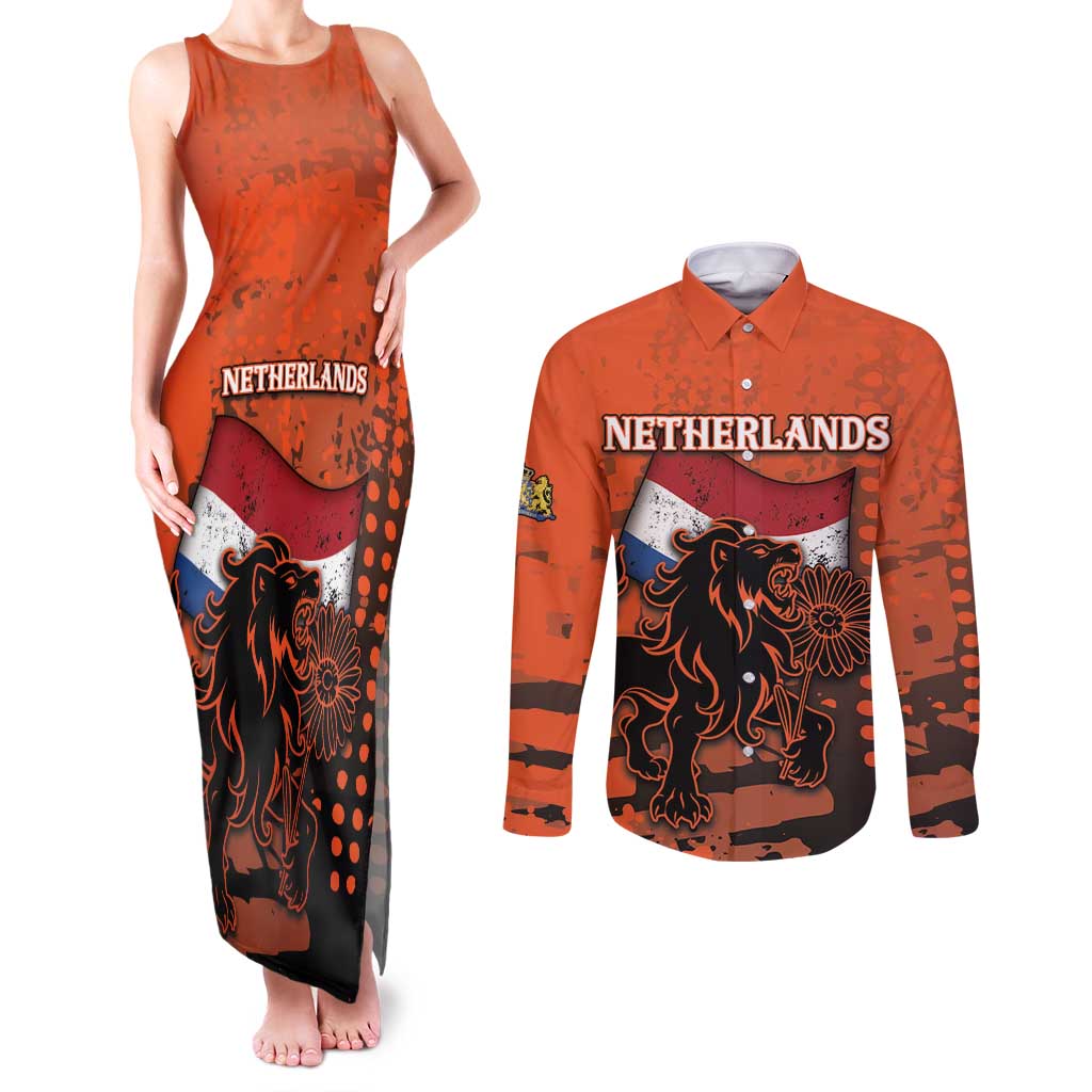 Personalized Netherlands Couples Matching Tank Maxi Dress and Long Sleeve Button Shirt Lion With Daisy Flower - Wonder Print Shop