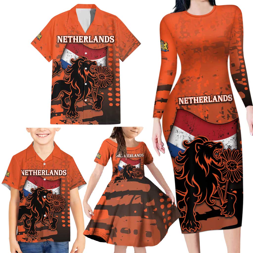 Personalized Netherlands Family Matching Long Sleeve Bodycon Dress and Hawaiian Shirt Lion With Daisy Flower - Wonder Print Shop