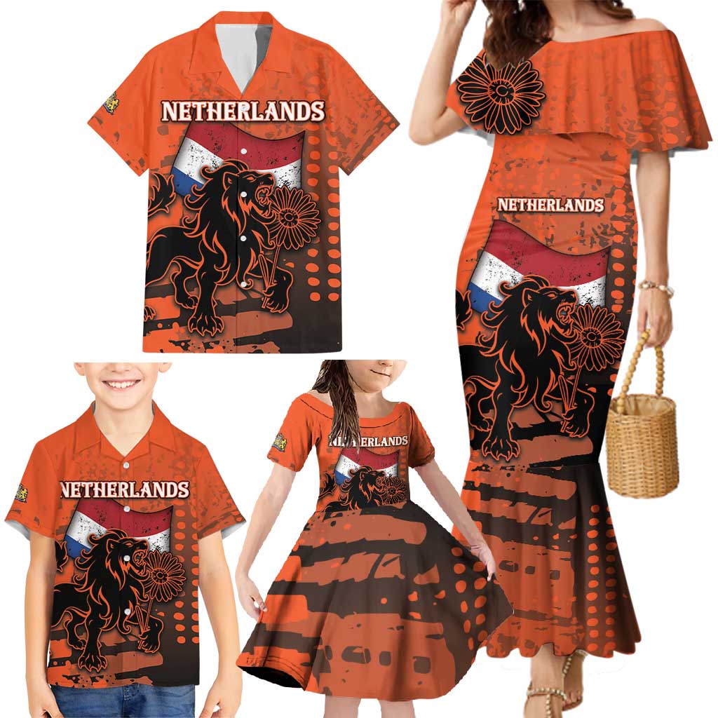 Personalized Netherlands Family Matching Mermaid Dress and Hawaiian Shirt Lion With Daisy Flower - Wonder Print Shop
