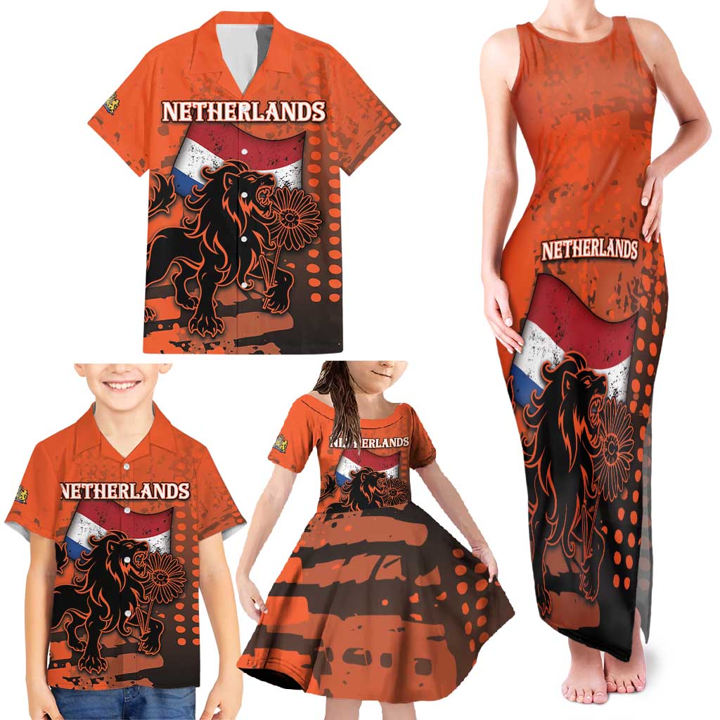Personalized Netherlands Family Matching Tank Maxi Dress and Hawaiian Shirt Lion With Daisy Flower - Wonder Print Shop