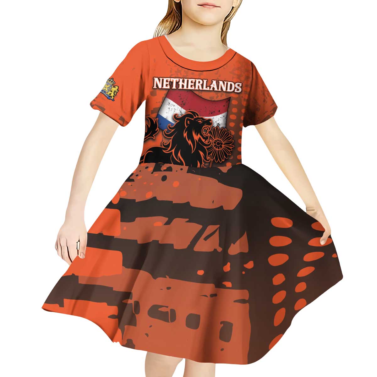 Personalized Netherlands Kid Short Sleeve Dress Lion With Daisy Flower - Wonder Print Shop
