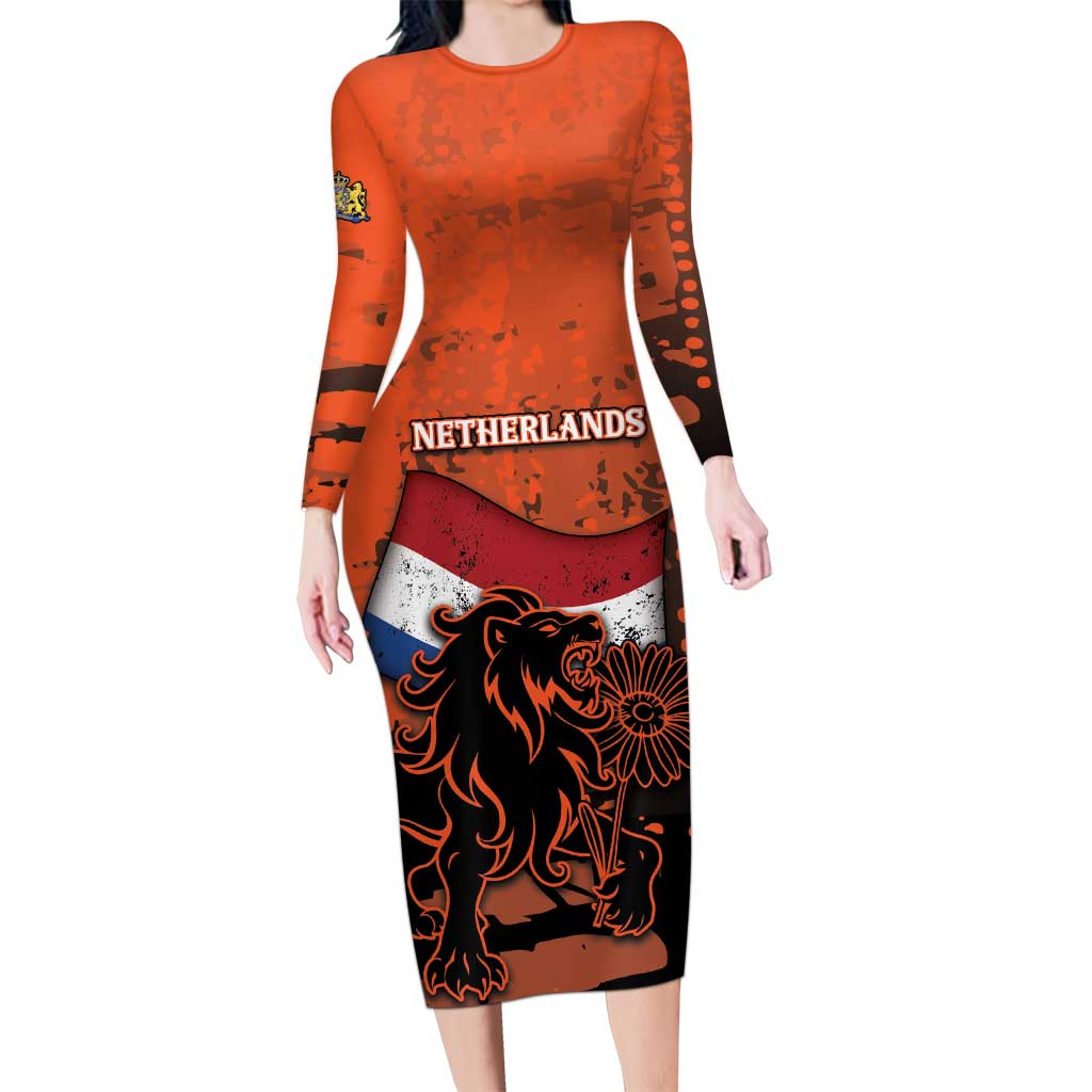 Personalized Netherlands Long Sleeve Bodycon Dress Lion With Daisy Flower - Wonder Print Shop