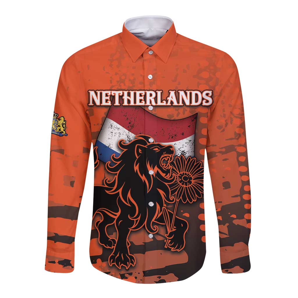 Personalized Netherlands Long Sleeve Button Shirt Lion With Daisy Flower - Wonder Print Shop