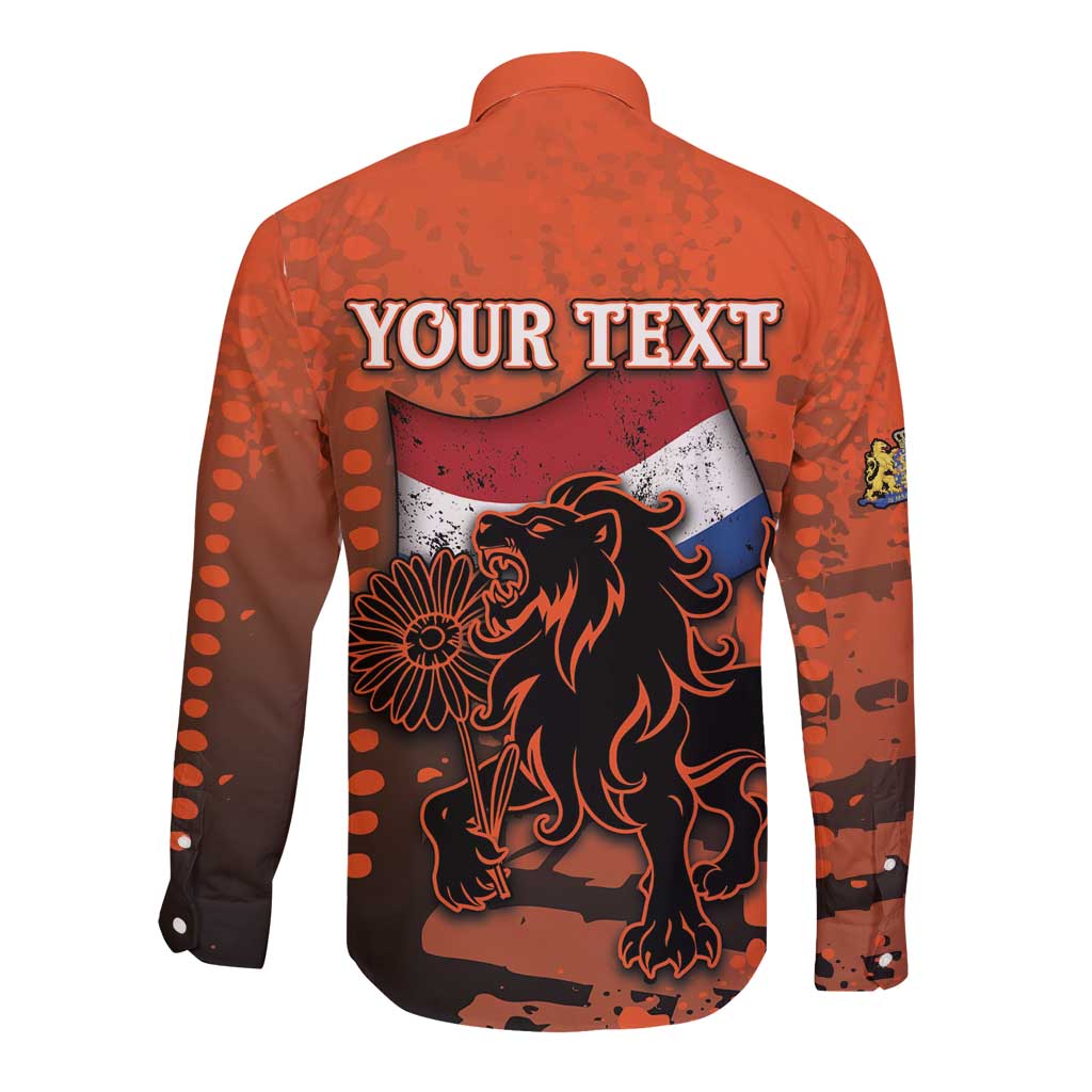 Personalized Netherlands Long Sleeve Button Shirt Lion With Daisy Flower - Wonder Print Shop