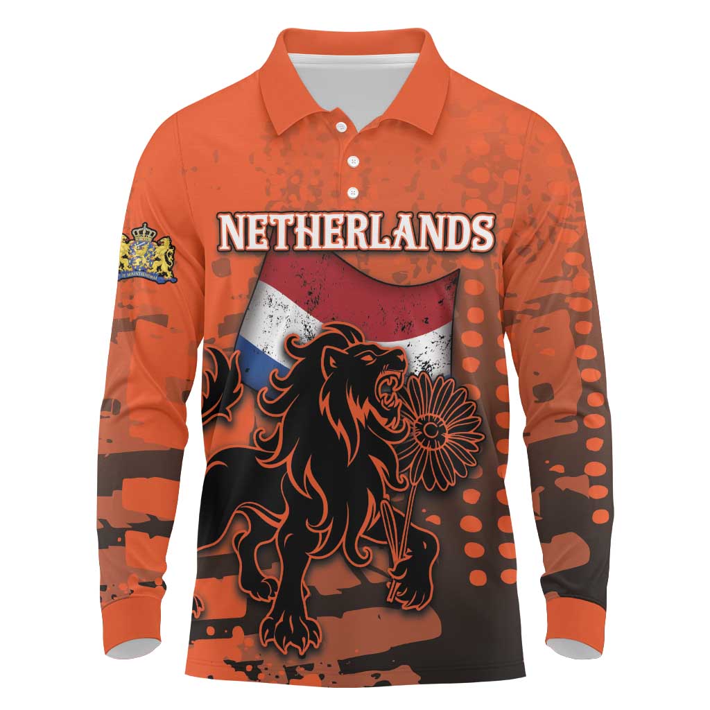 Personalized Netherlands Long Sleeve Polo Shirt Lion With Daisy Flower - Wonder Print Shop