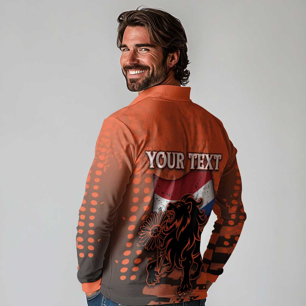 Personalized Netherlands Long Sleeve Polo Shirt Lion With Daisy Flower - Wonder Print Shop