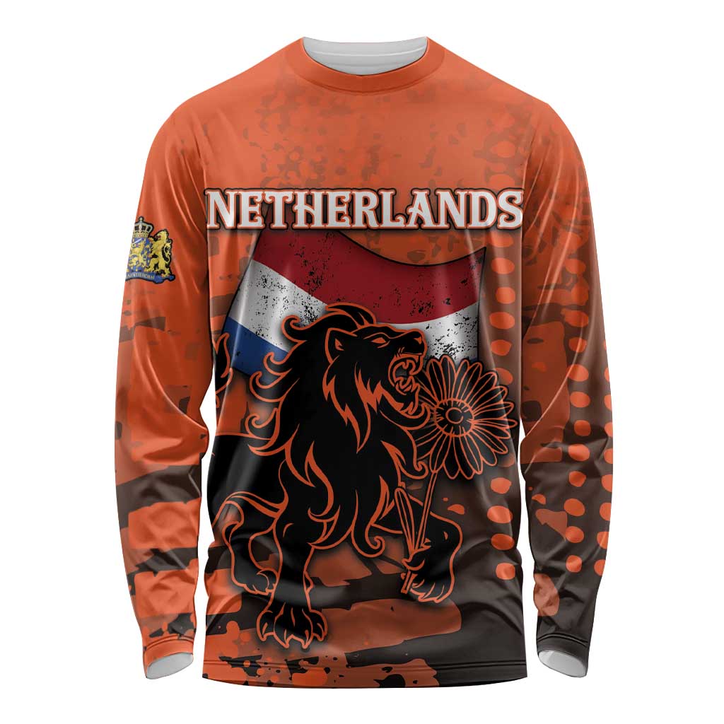 Personalized Netherlands Long Sleeve Shirt Lion With Daisy Flower - Wonder Print Shop