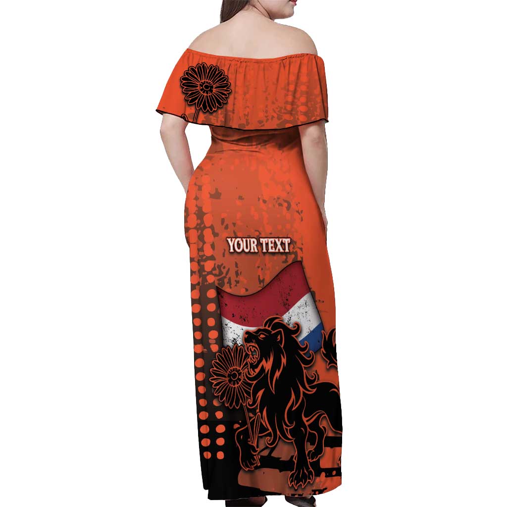 Personalized Netherlands Off Shoulder Maxi Dress Lion With Daisy Flower - Wonder Print Shop