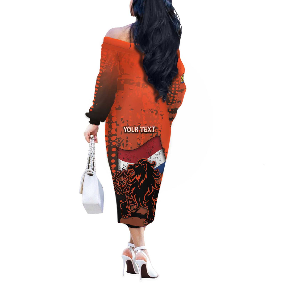 Personalized Netherlands Off The Shoulder Long Sleeve Dress Lion With Daisy Flower - Wonder Print Shop