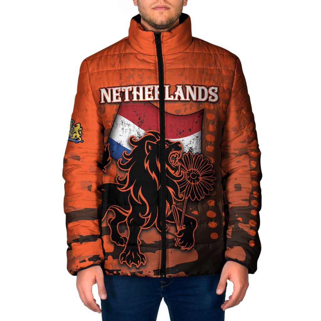Personalized Netherlands Padded Jacket Lion With Daisy Flower - Wonder Print Shop