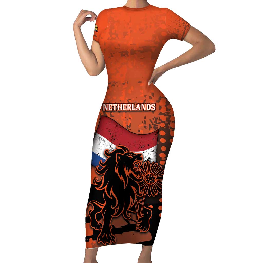 Personalized Netherlands Short Sleeve Bodycon Dress Lion With Daisy Flower - Wonder Print Shop