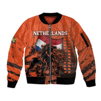Personalized Netherlands Sleeve Zip Bomber Jacket Lion With Daisy Flower - Wonder Print Shop