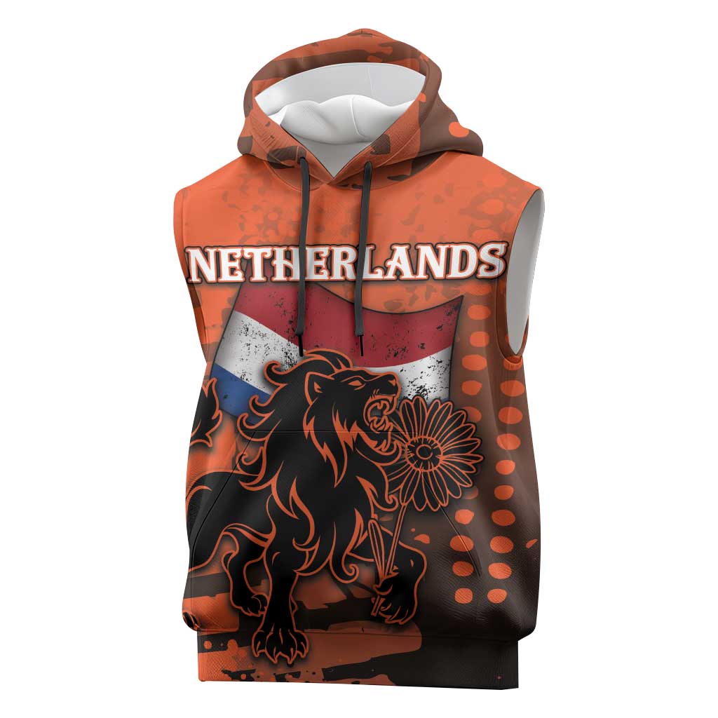 Personalized Netherlands Sleeveless Hoodie Lion With Daisy Flower - Wonder Print Shop