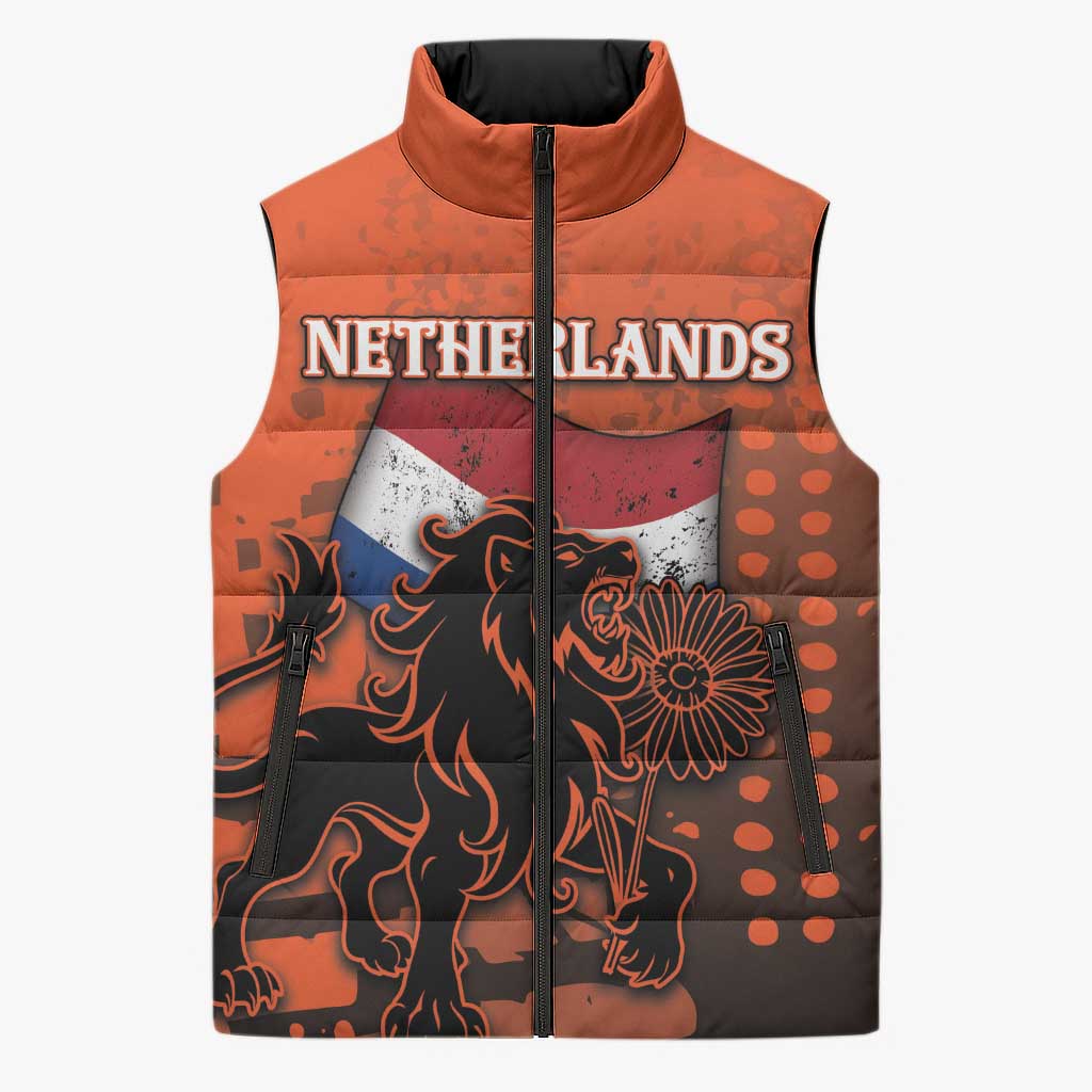 Personalized Netherlands Sleeveless Puffer Jacket Lion With Daisy Flower - Wonder Print Shop