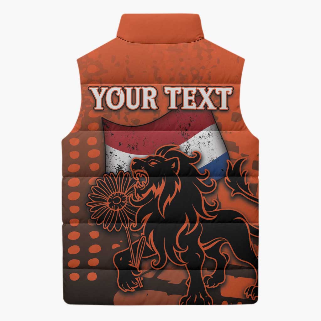 Personalized Netherlands Sleeveless Puffer Jacket Lion With Daisy Flower - Wonder Print Shop