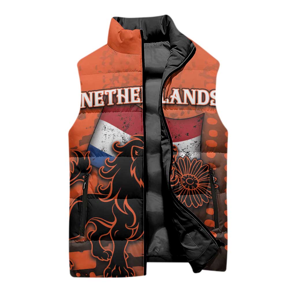Personalized Netherlands Sleeveless Puffer Jacket Lion With Daisy Flower - Wonder Print Shop
