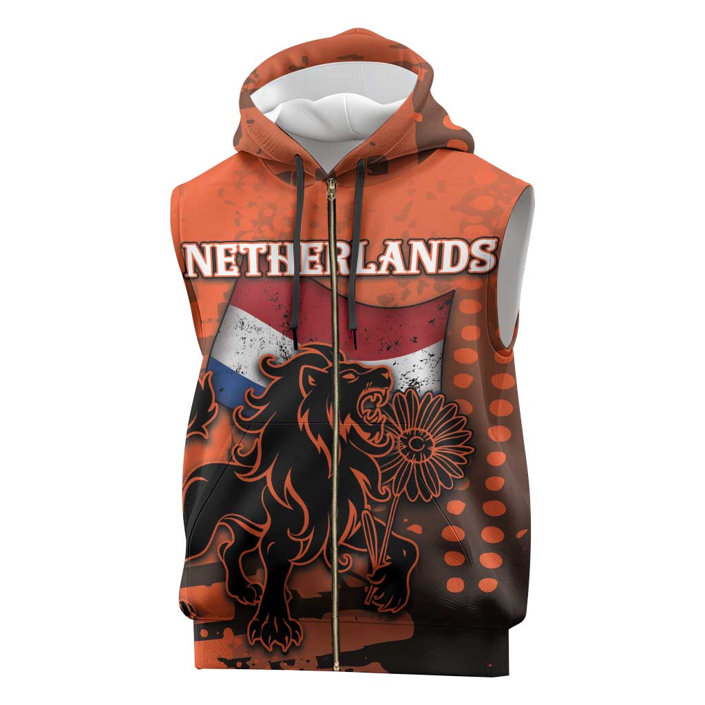 Personalized Netherlands Sleeveless Zip Hoodie Lion With Daisy Flower - Wonder Print Shop