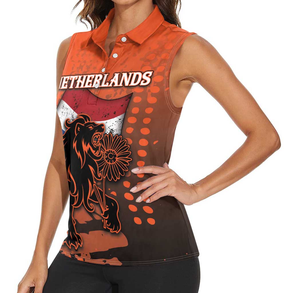 Personalized Netherlands Women Sleeveless Polo Shirt Lion With Daisy Flower - Wonder Print Shop