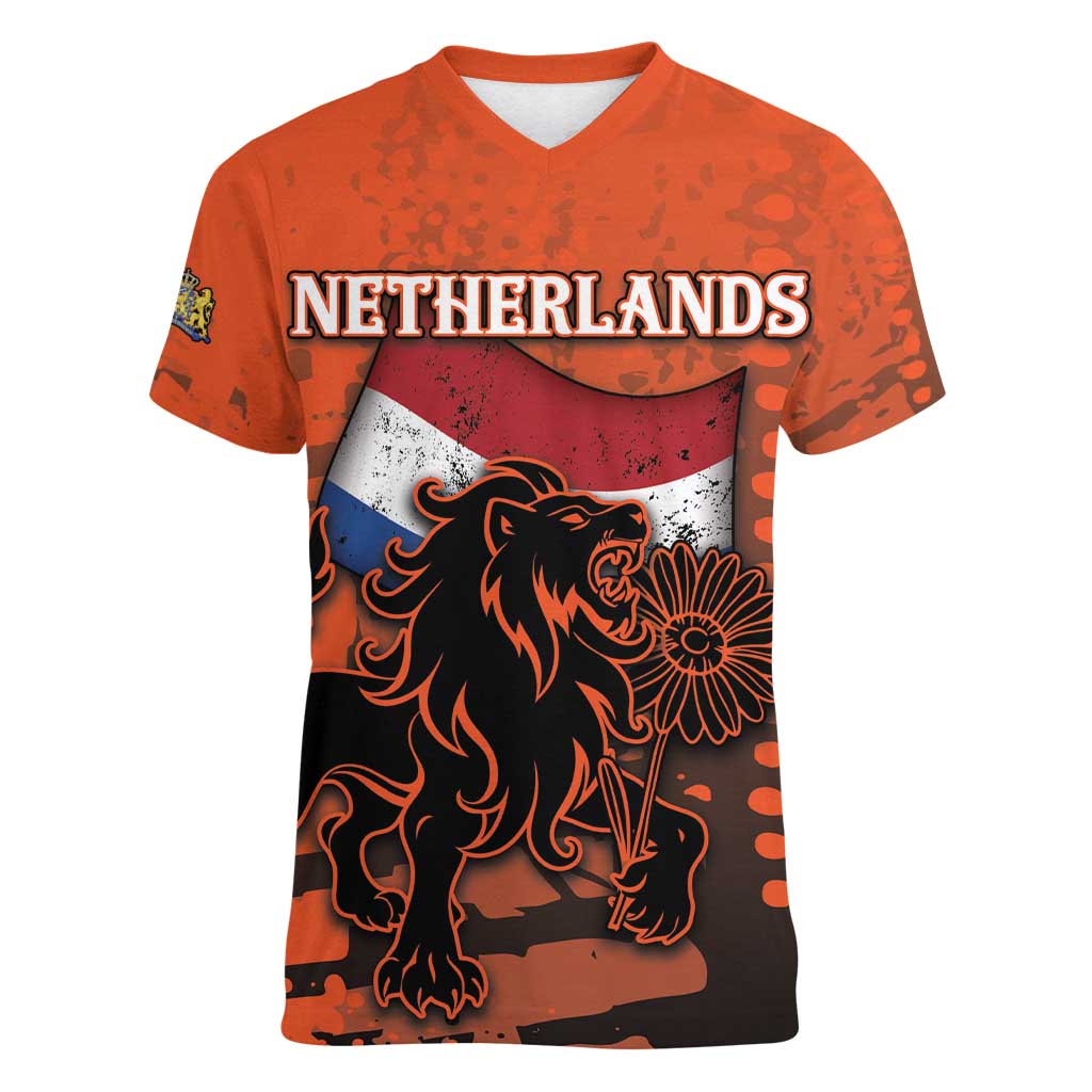 Personalized Netherlands Women V-Neck T-Shirt Lion With Daisy Flower - Wonder Print Shop