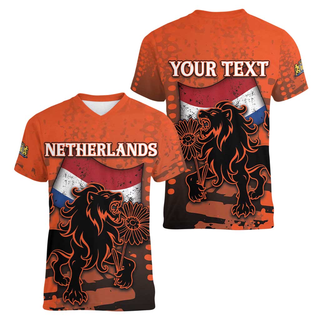 Personalized Netherlands Women V-Neck T-Shirt Lion With Daisy Flower - Wonder Print Shop