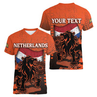 Personalized Netherlands Women V-Neck T-Shirt Lion With Daisy Flower - Wonder Print Shop