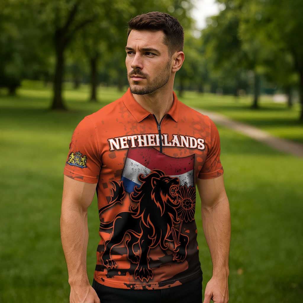 Personalized Netherlands Zipper Polo Shirt Lion With Daisy Flower - Wonder Print Shop