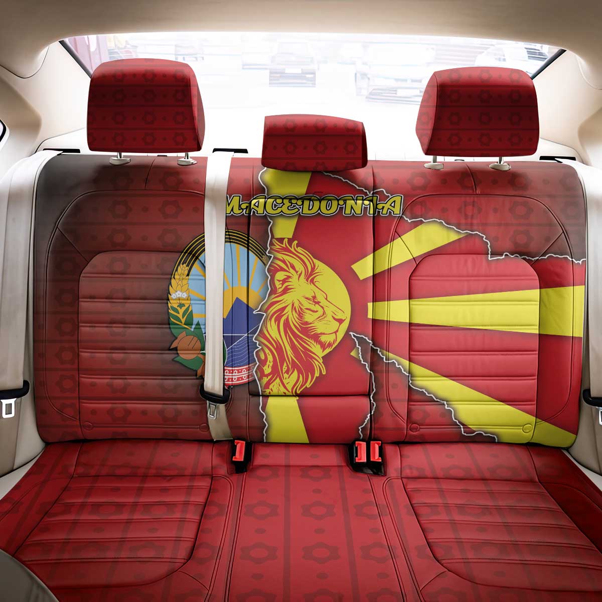North Macedonia Back Car Seat Cover National Emblem With Lion - Wonder Print Shop