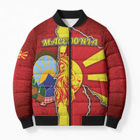 Personalized North Macedonia Bomber Puffer Jacket National Emblem With Lion - Wonder Print Shop