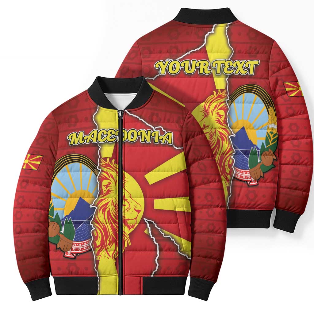 Personalized North Macedonia Bomber Puffer Jacket National Emblem With Lion - Wonder Print Shop