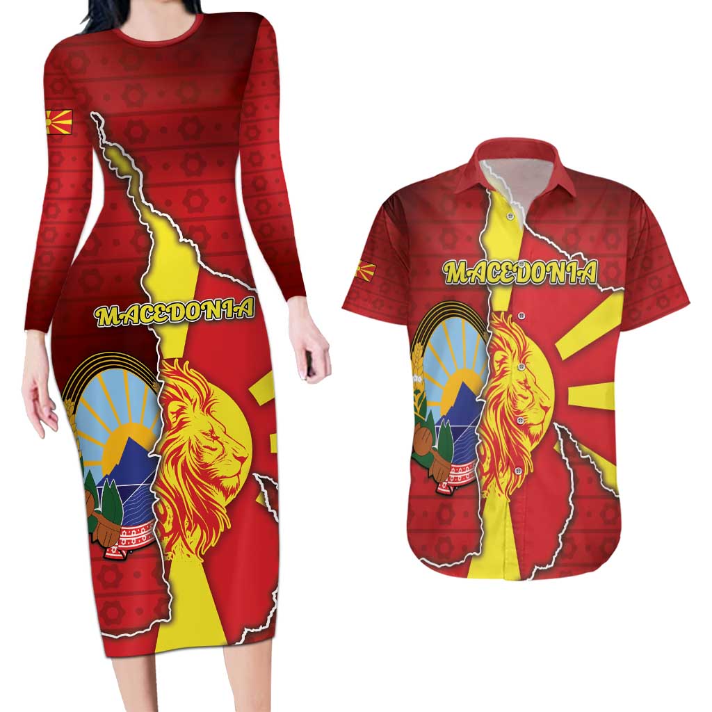 Personalized North Macedonia Couples Matching Long Sleeve Bodycon Dress and Hawaiian Shirt National Emblem With Lion - Wonder Print Shop