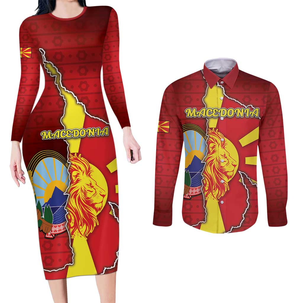 Personalized North Macedonia Couples Matching Long Sleeve Bodycon Dress and Long Sleeve Button Shirt National Emblem With Lion - Wonder Print Shop