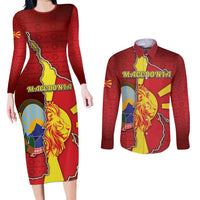 Personalized North Macedonia Couples Matching Long Sleeve Bodycon Dress and Long Sleeve Button Shirt National Emblem With Lion - Wonder Print Shop