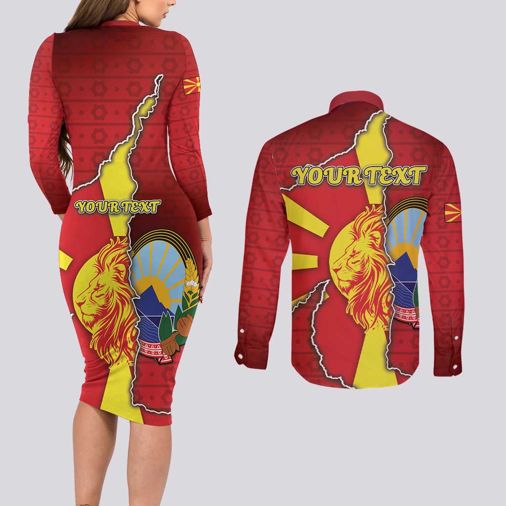 Personalized North Macedonia Couples Matching Long Sleeve Bodycon Dress and Long Sleeve Button Shirt National Emblem With Lion - Wonder Print Shop