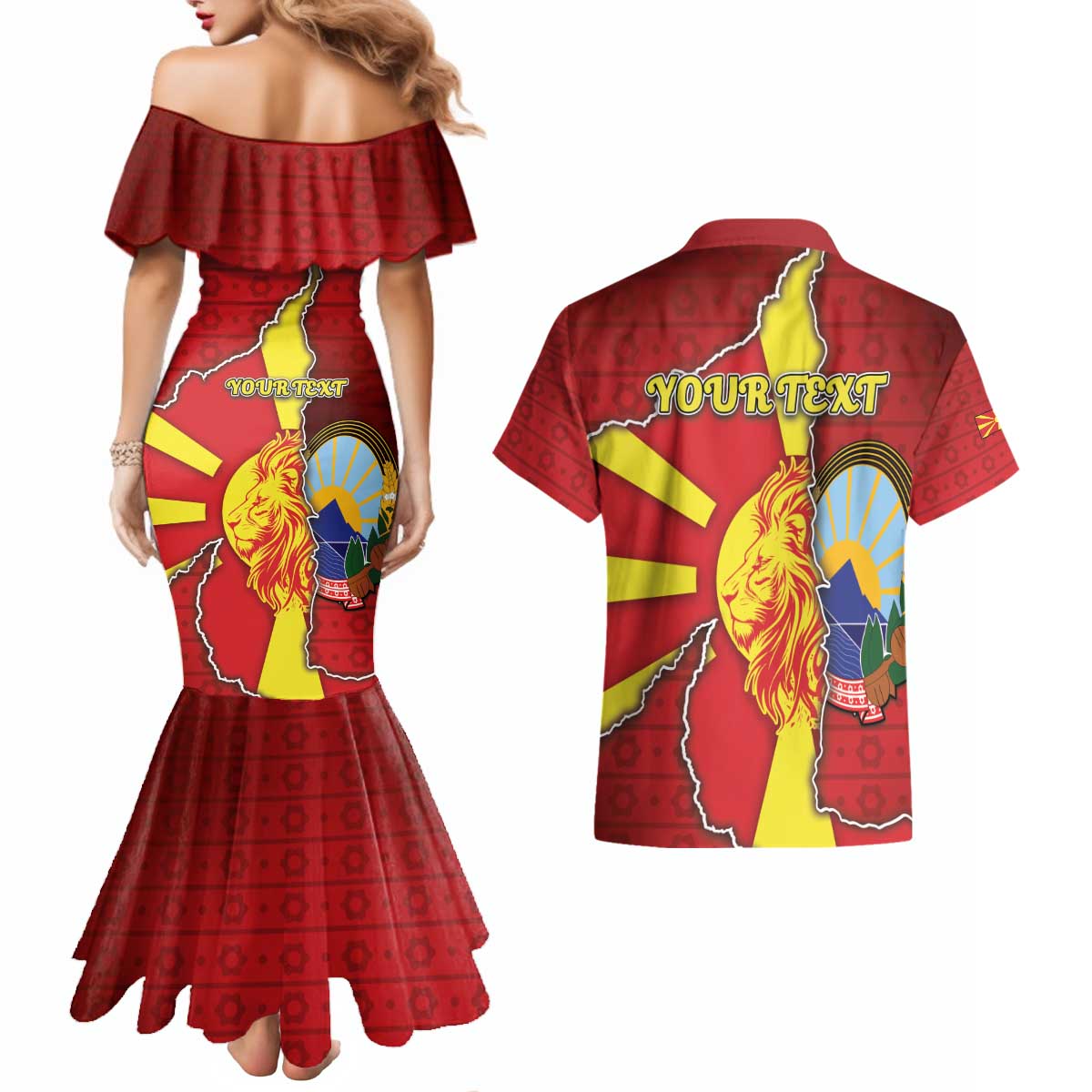 Personalized North Macedonia Couples Matching Mermaid Dress and Hawaiian Shirt National Emblem With Lion - Wonder Print Shop