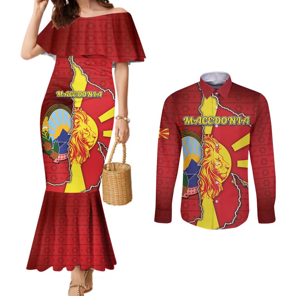 Personalized North Macedonia Couples Matching Mermaid Dress and Long Sleeve Button Shirt National Emblem With Lion - Wonder Print Shop
