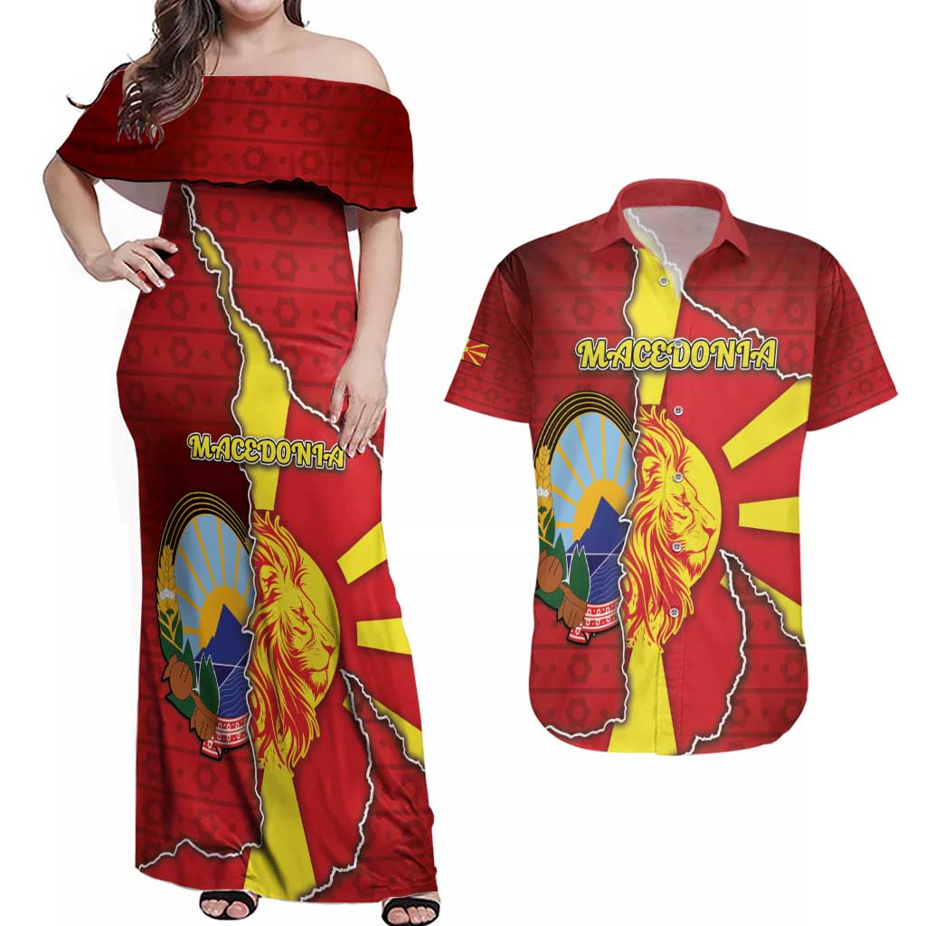 Personalized North Macedonia Couples Matching Off Shoulder Maxi Dress and Hawaiian Shirt National Emblem With Lion - Wonder Print Shop