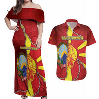 Personalized North Macedonia Couples Matching Off Shoulder Maxi Dress and Hawaiian Shirt National Emblem With Lion - Wonder Print Shop