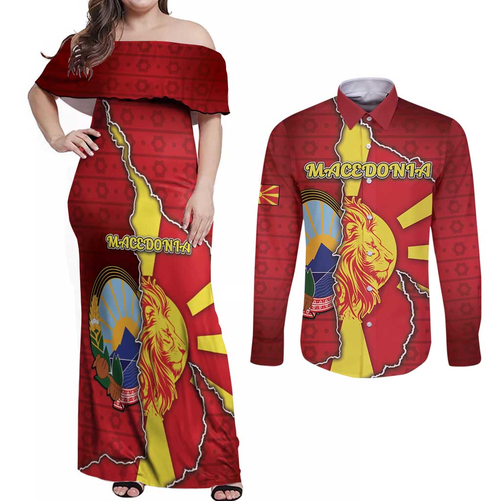 Personalized North Macedonia Couples Matching Off Shoulder Maxi Dress and Long Sleeve Button Shirt National Emblem With Lion - Wonder Print Shop