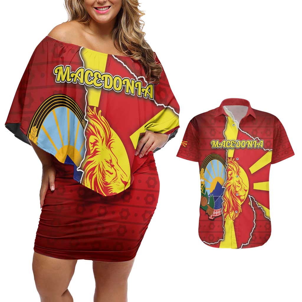 Personalized North Macedonia Couples Matching Off Shoulder Short Dress and Hawaiian Shirt National Emblem With Lion - Wonder Print Shop