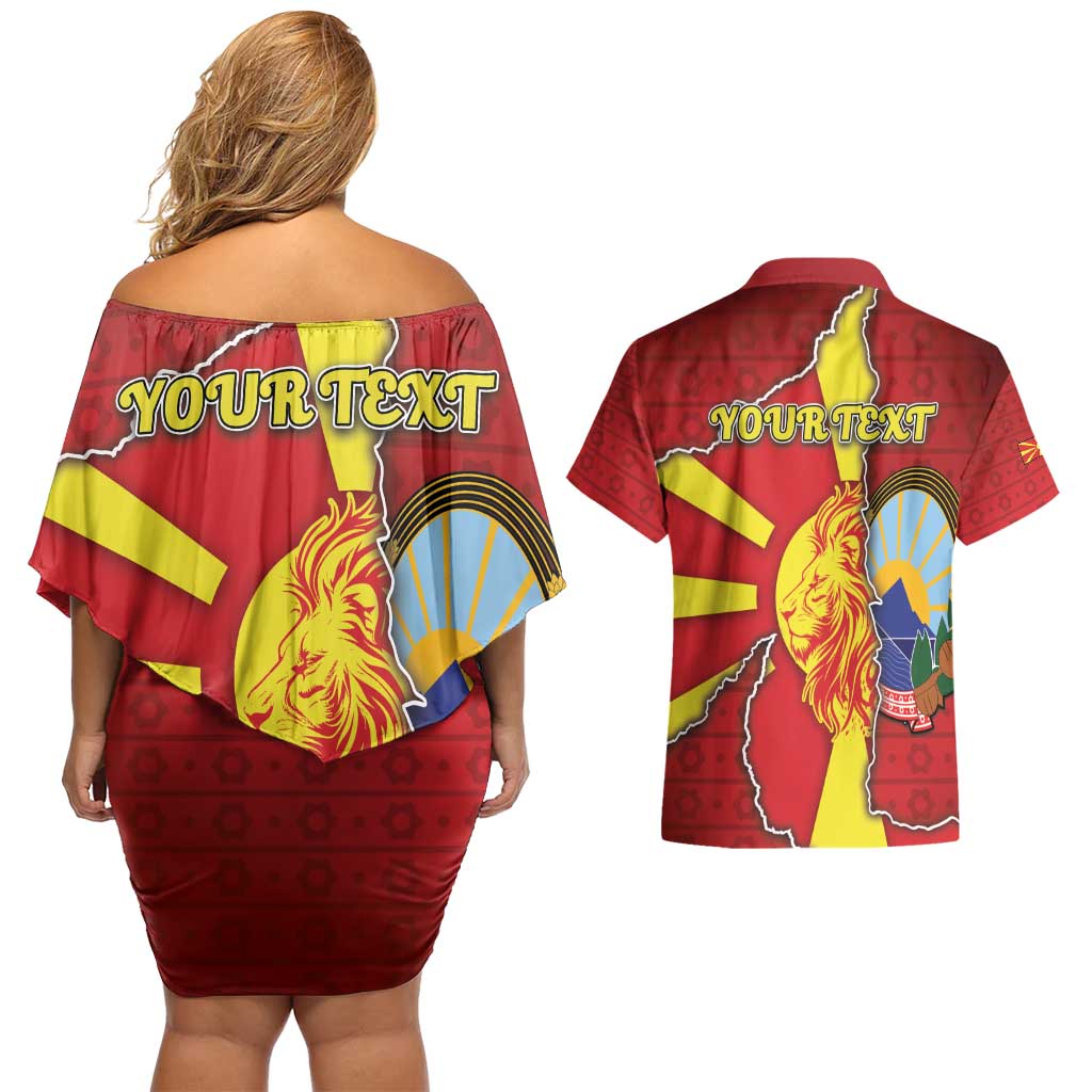 Personalized North Macedonia Couples Matching Off Shoulder Short Dress and Hawaiian Shirt National Emblem With Lion - Wonder Print Shop