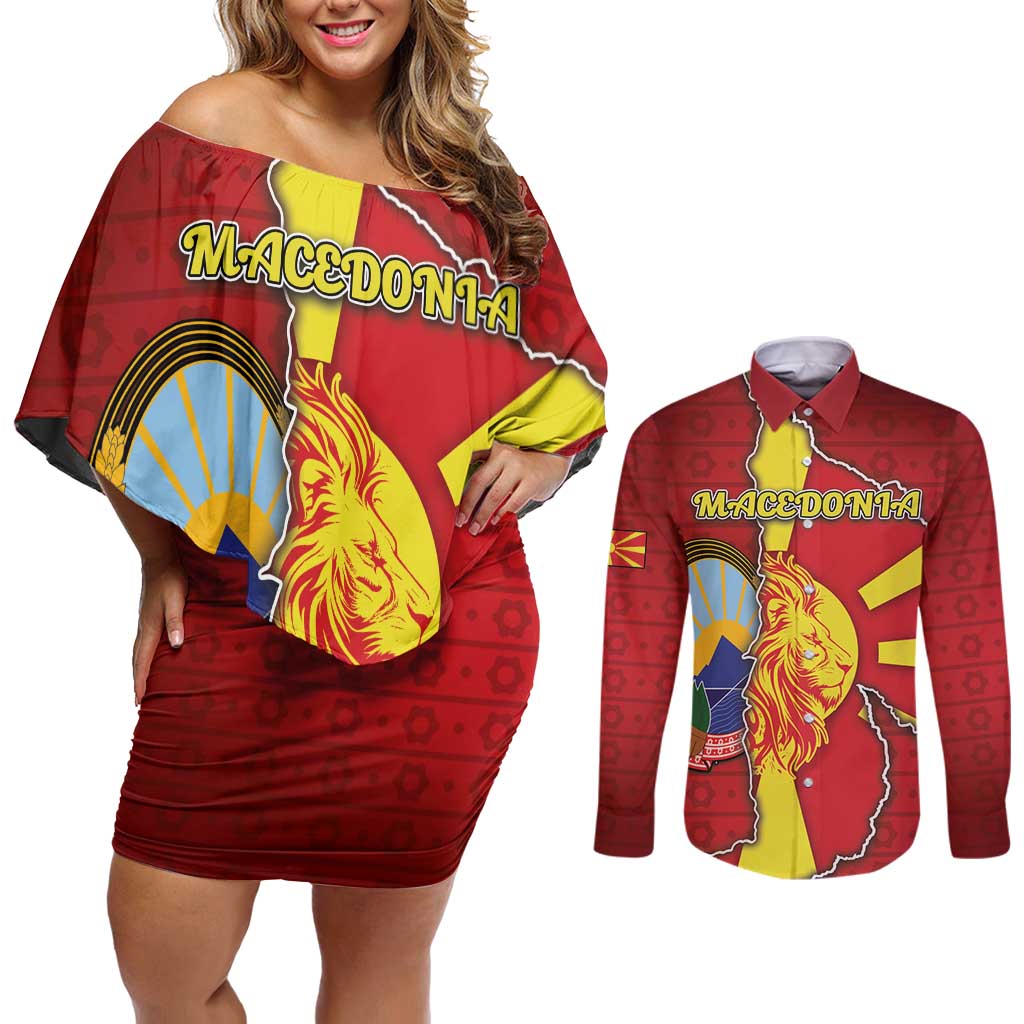 Personalized North Macedonia Couples Matching Off Shoulder Short Dress and Long Sleeve Button Shirt National Emblem With Lion - Wonder Print Shop