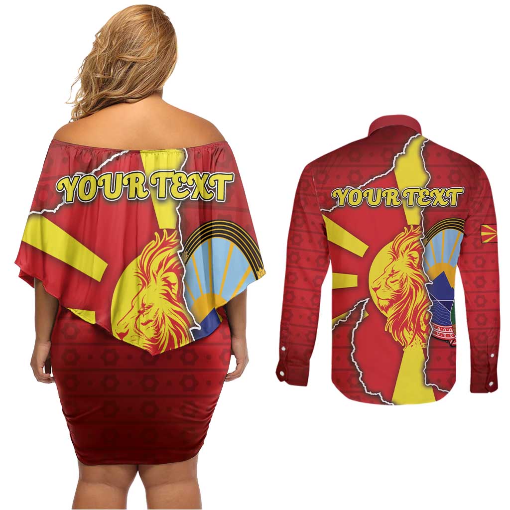 Personalized North Macedonia Couples Matching Off Shoulder Short Dress and Long Sleeve Button Shirt National Emblem With Lion - Wonder Print Shop