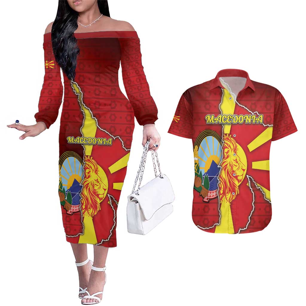 Personalized North Macedonia Couples Matching Off The Shoulder Long Sleeve Dress and Hawaiian Shirt National Emblem With Lion - Wonder Print Shop